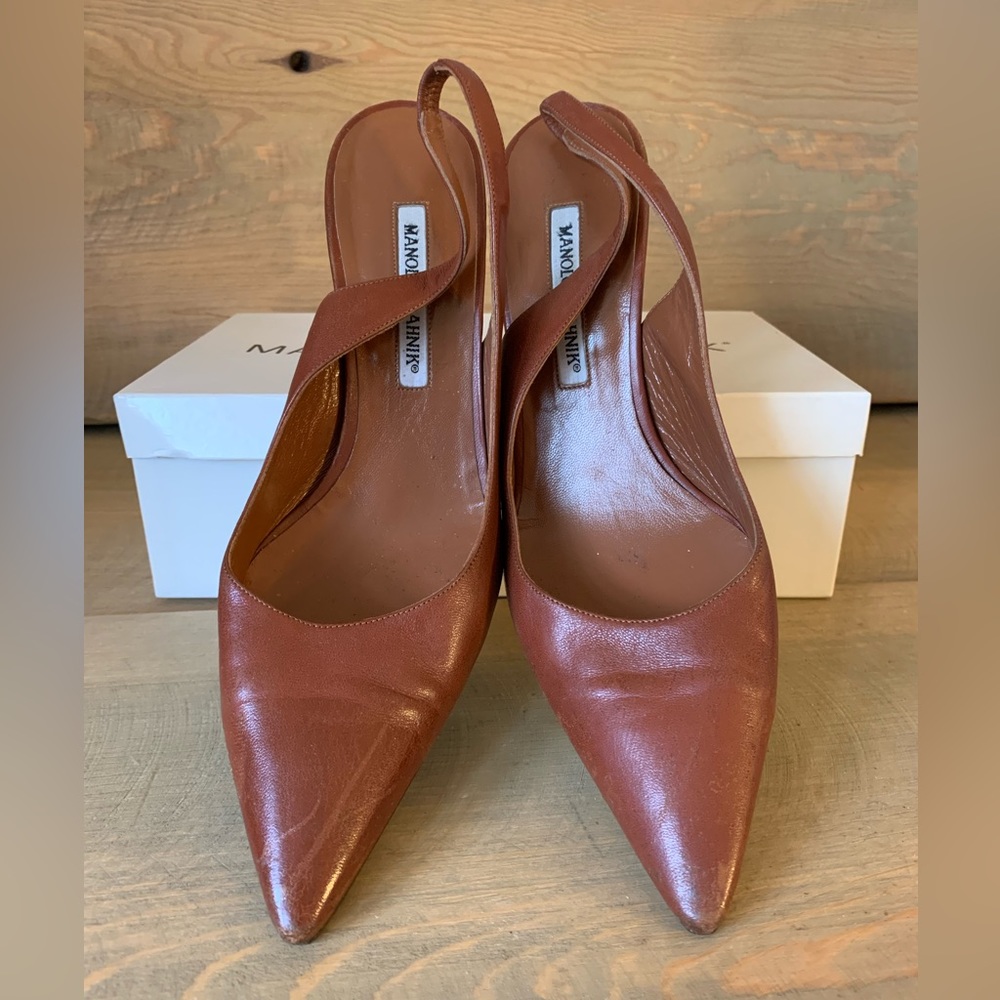 Manolo Blahnik Brown Leather Slingback Heels Pumps 39.5